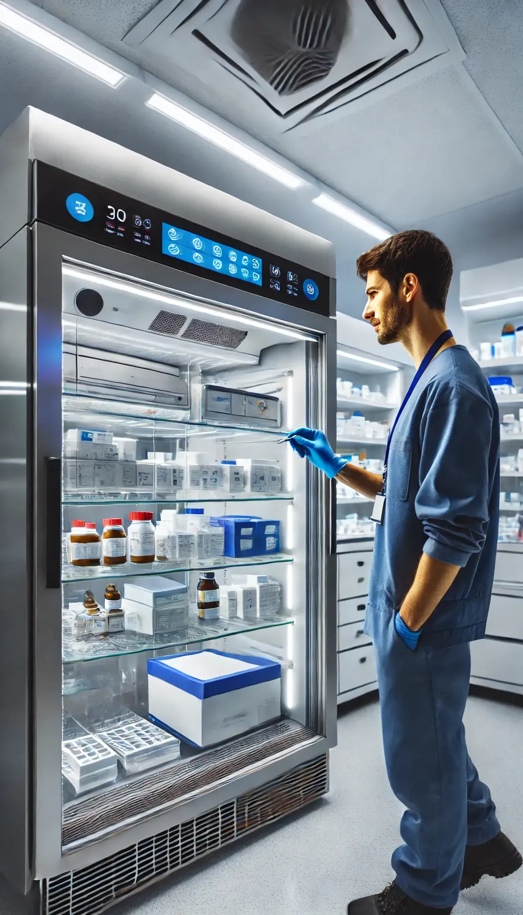Tecnico specializzato che effettua la manutenzione di un frigorifero per farmacia e laboratorio, con farmaci e campioni ben organizzati in un ambiente sterile.