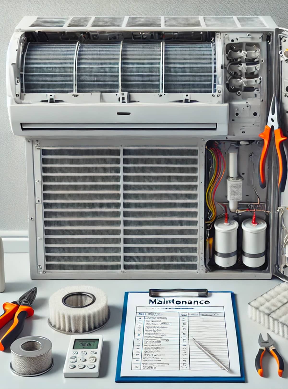 Assistenza climatizzatori, manutenzione e pulizia filtri Climatizzatore aperto con filtri e serpentine visibili, strumenti di pulizia accanto, evidenziando un intervento di manutenzione.