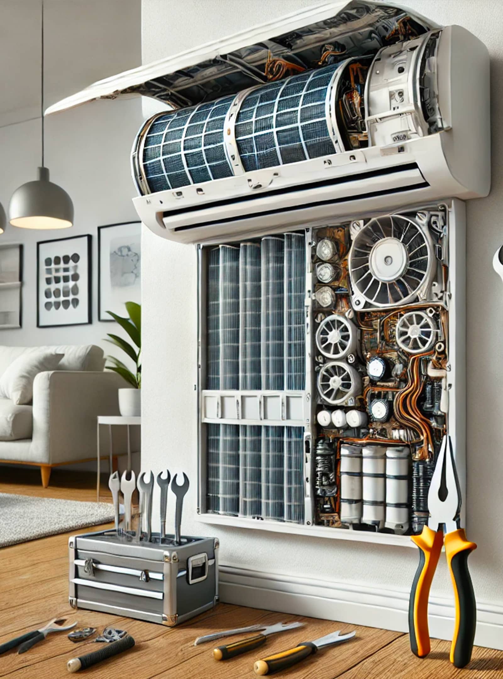 Assistenza climatizzatori, manutenzione e pulizia unità AC Un'unità di climatizzazione a parete aperta per manutenzione, con componenti interni come filtri e serpentine visibili. Strumenti specializzati sono posizionati accanto, segnalando un intervento di assistenza.
