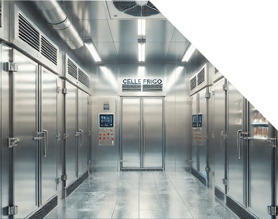 Un'ampia cella frigorifera industriale con pareti e porte in acciaio inox. L'interno è luminoso e presenta grandi unità di refrigerazione. 