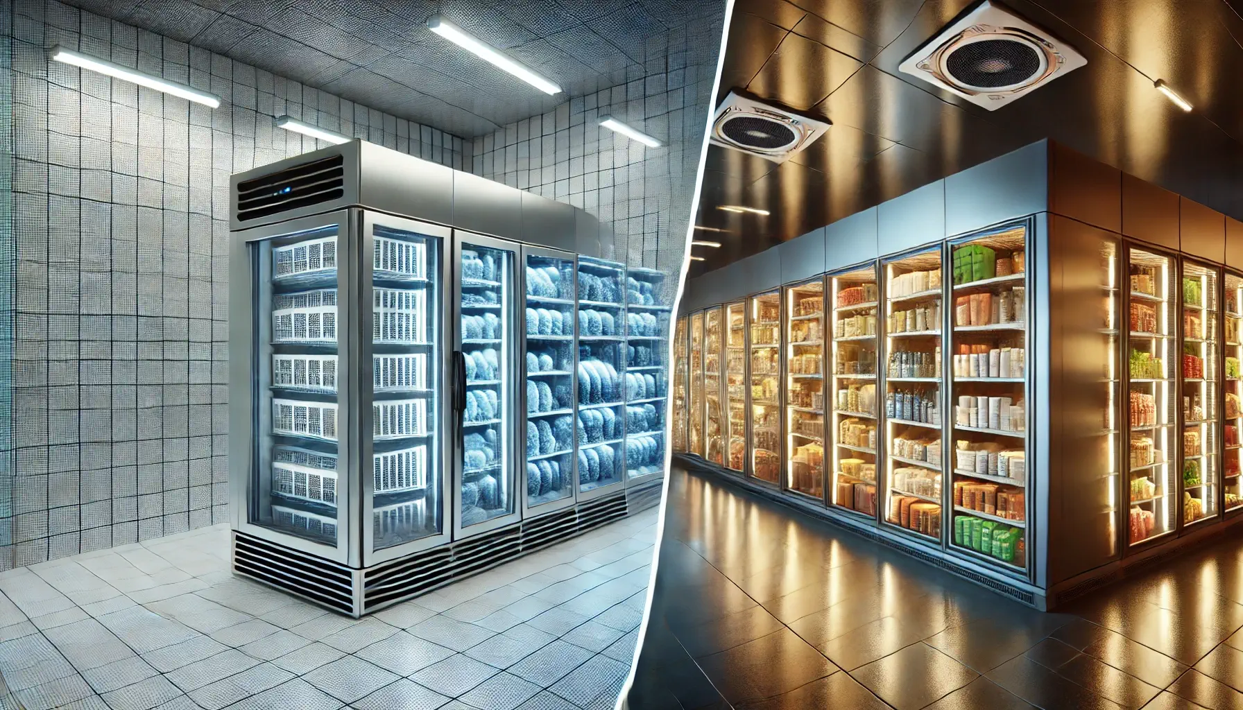 Frigoriferi industriali e celle frigo per conservazione ottimale Frigorifero industriale in acciaio inox accanto a una cella frigo spaziosa con scaffali pieni di prodotti congelati, illuminazione brillante e design moderno.