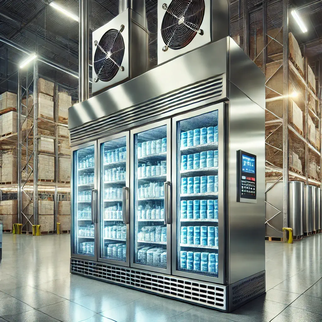 Frigorifero Industriale in Magazzino Refrigerato Frigorifero industriale in acciaio inox all'interno di un magazzino refrigerato, con scaffali organizzati e illuminazione brillante per la conservazione ottimale.