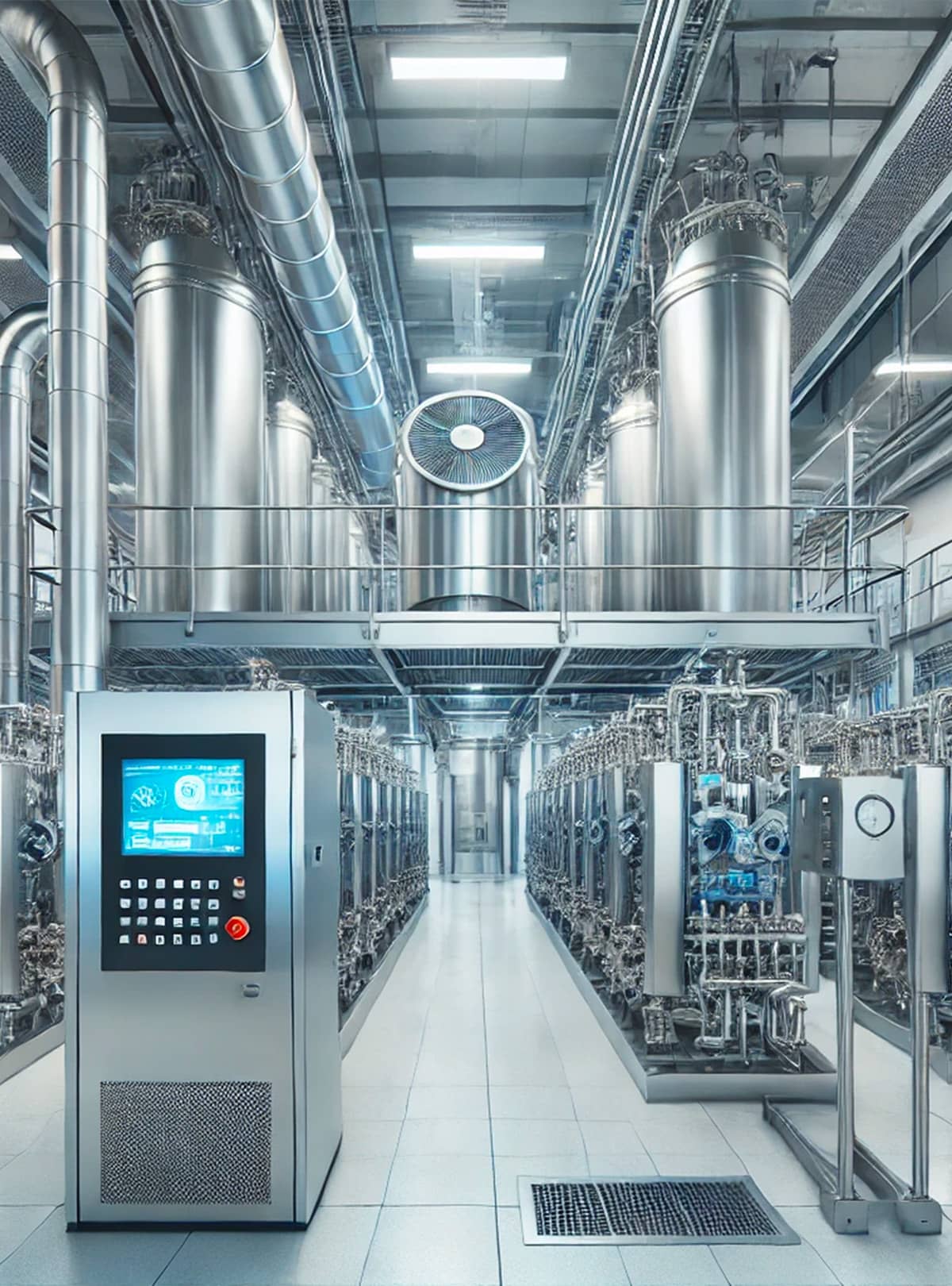 Impianto di refrigerazione industriale per uso commerciale Un moderno impianto di refrigerazione industriale con unità di raffreddamento avanzate, tubi in acciaio inox e pannelli digitali, in un ambiente pulito e luminoso.