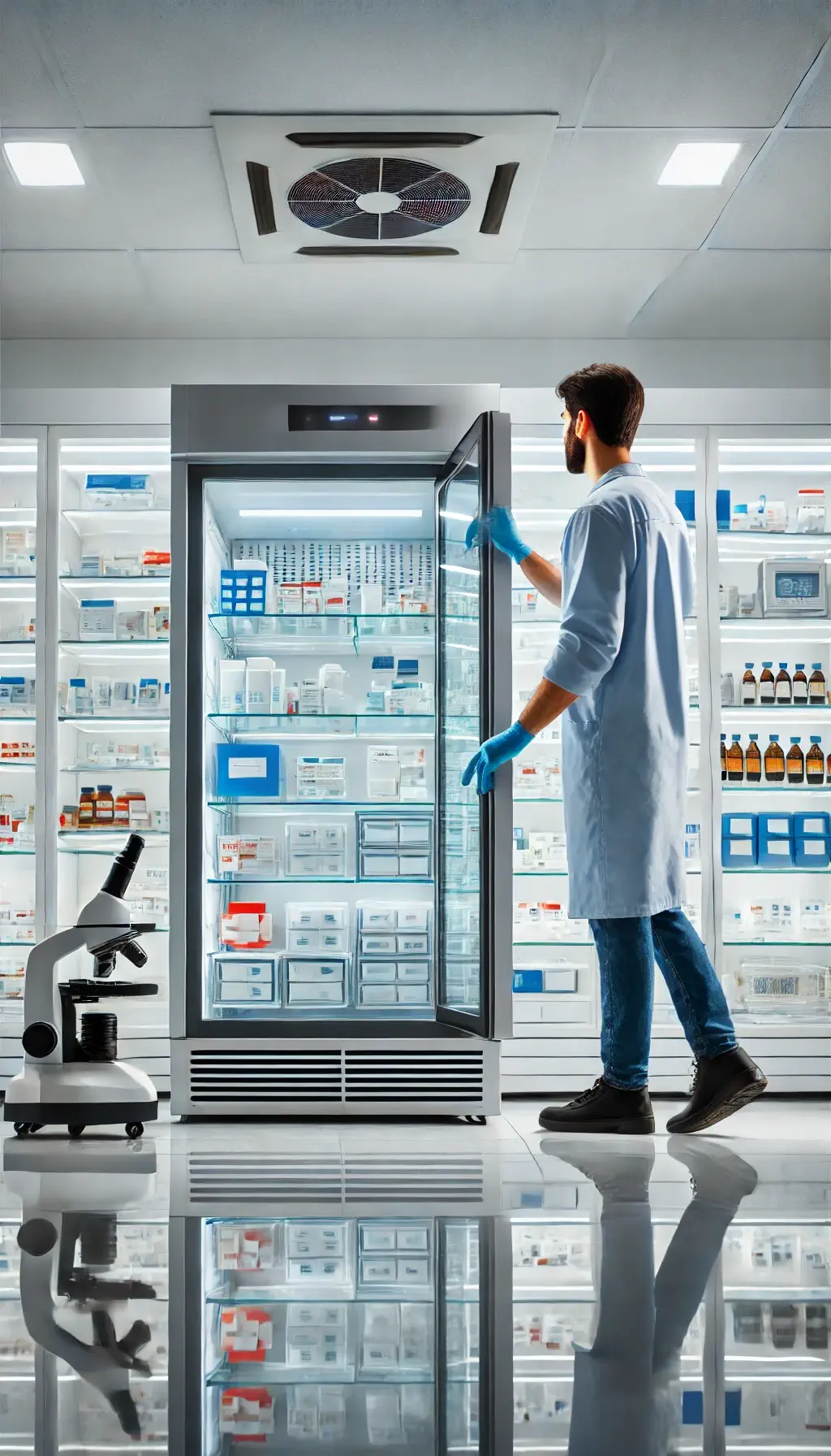 Manutenzione Specializzata per Frigoriferi da Farmacia e Laboratorio Tecnico qualificato che esegue la manutenzione di un frigorifero medicale con porta in vetro, contenente farmaci e campioni in un ambiente sterile e luminoso.