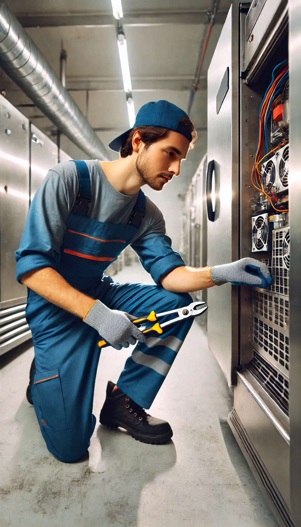Riparazione, Assistenza e Installazione Frigoriferi Industriali Tecnico specializzato in uniforme blu che ripara e installa un frigorifero industriale in un ambiente professionale con unità refrigeranti in acciaio inox.