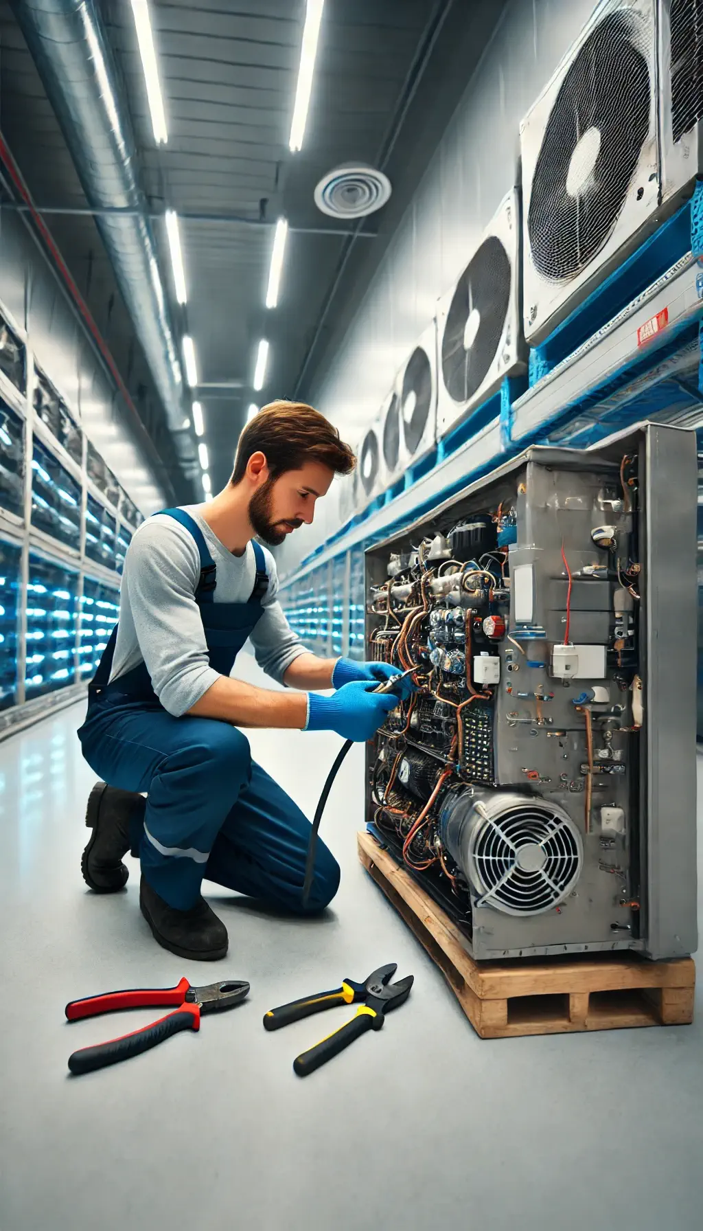 Tecnico professionista in uniforme blu che ripara una cella frigorifera industriale all'interno di un magazzino refrigerato con scaffali pieni di prodotti congelati.