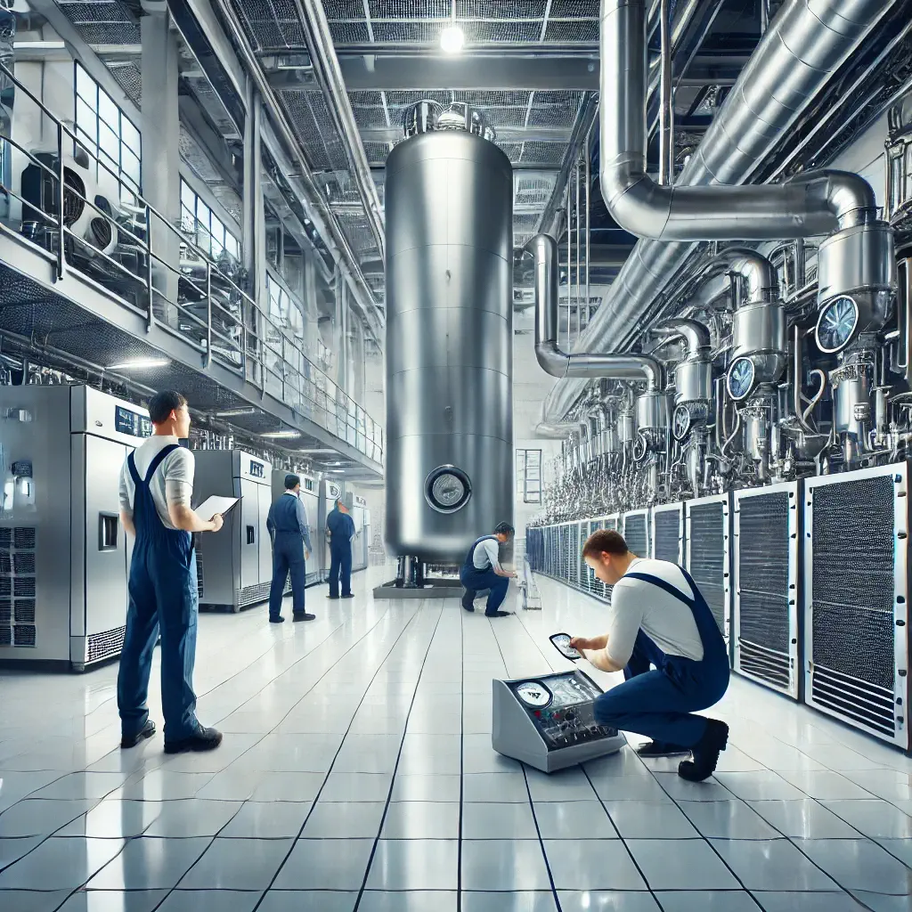 Tecnici specializzati lavorano su impianti di refrigerazione industriale in un ambiente moderno e pulito, garantendo efficienza e affidabilità.