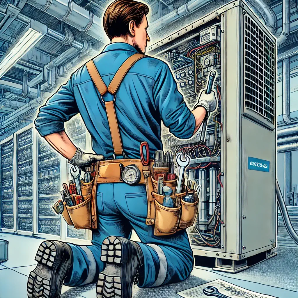 Tecnico frigorista a lavoro Illustrazione in stile fumetto realistico di un tecnico frigorista visto di spalle mentre lavora su un'unità di refrigerazione industriale.
