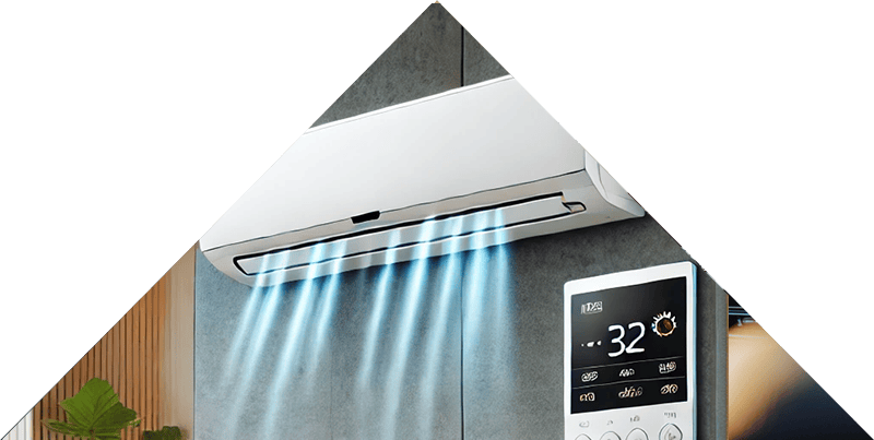 Un'unità di aria condizionata bianca e moderna montata su una parete in un soggiorno elegante e ben illuminato.